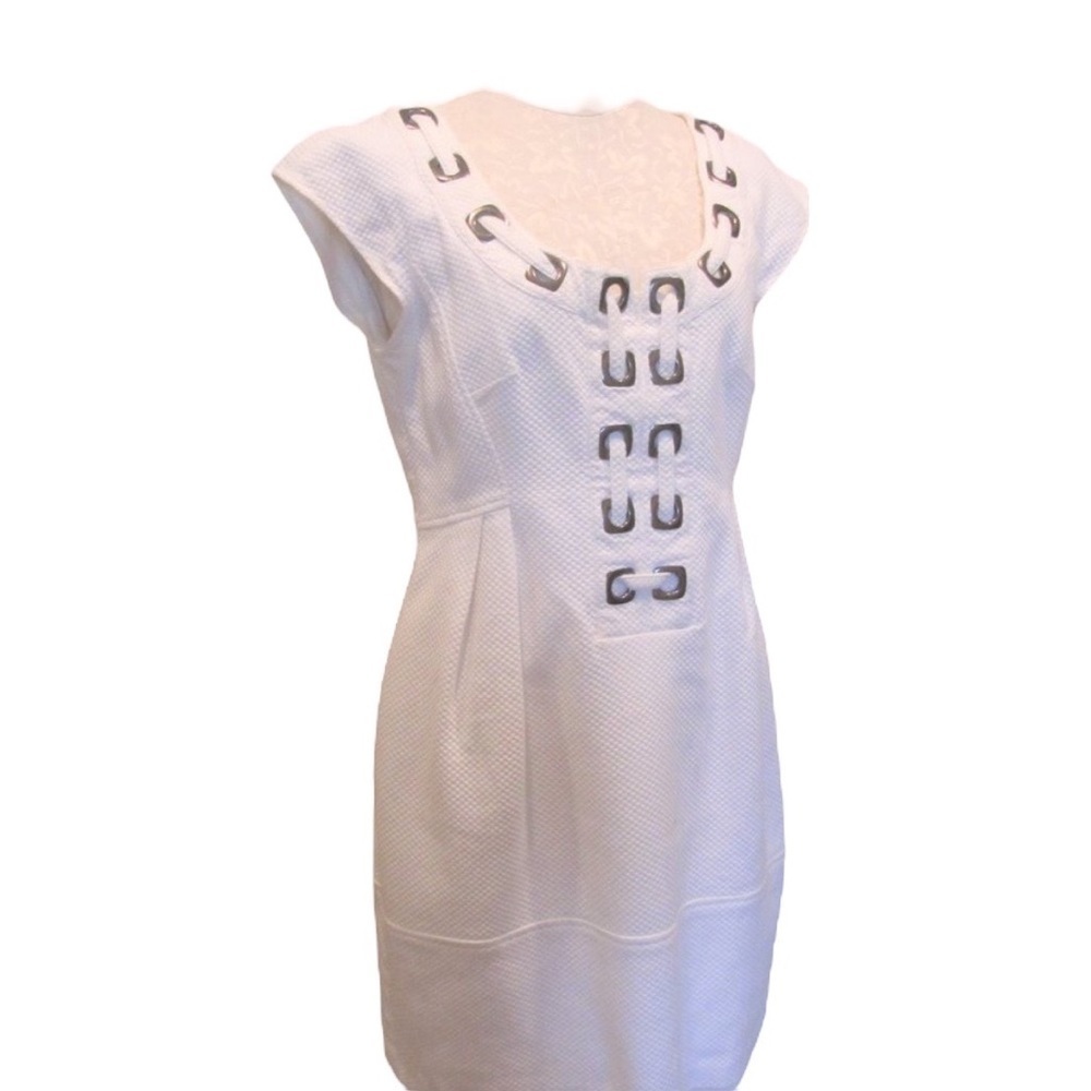 NANETTE LEPORE White Workaholic Dress w/ Pockets Size 0-Silver Chunk Chainlink - Picture 2 of 10